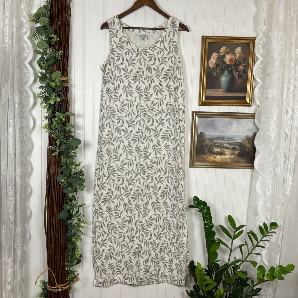 California Threads Maxi Dress XS Cream Excellent Linen Leaf Print Sleeveless